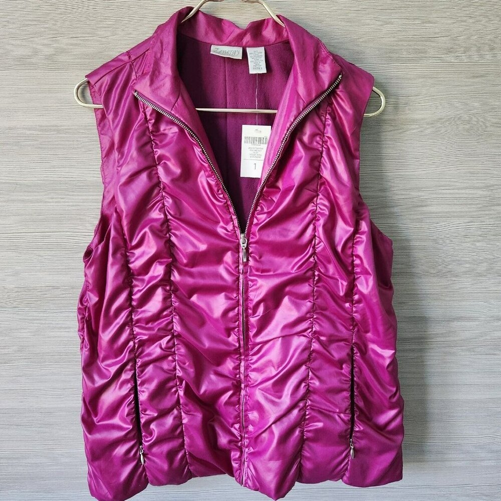 NWT Zenergy By Chicos Womens Pink Shimmer Romana Ruched Zip Puffer Vest Size - Picture 9 of 16